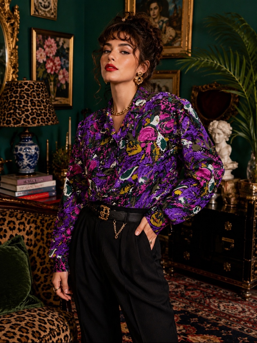 80s Vintage Notations Purple Floral Blouse with Pink and Green & Gold Accents